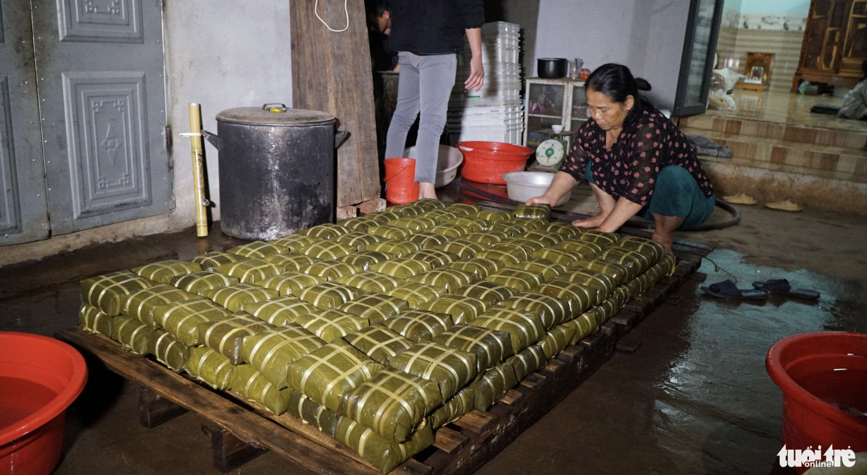 After being cooked, banh chung is fished out of a pot. Photo: Tuoi Tre