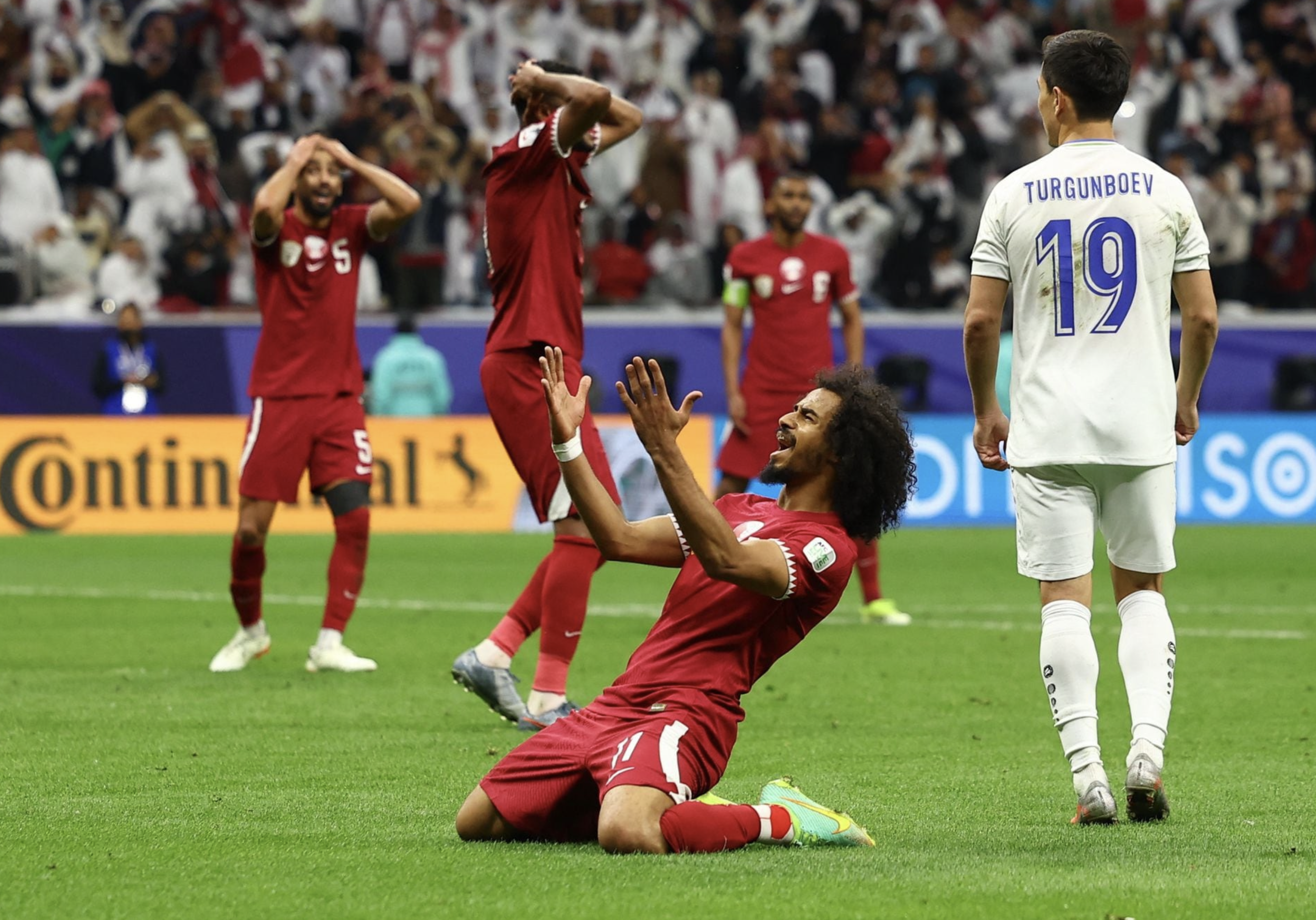 Soccer Football - AFC Asian Cup - Quarter Final - Qatar v Uzbekistan - Al Bayt Stadium, Al Khor, Qatar - February 3, 2024 Qatar's Akram Afif reacts. Photo: Reuters