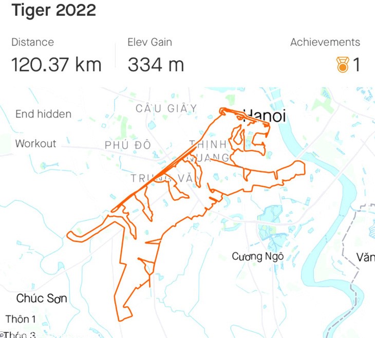 The tiger Tien drew on the Strava app by running. Photo: Supplied