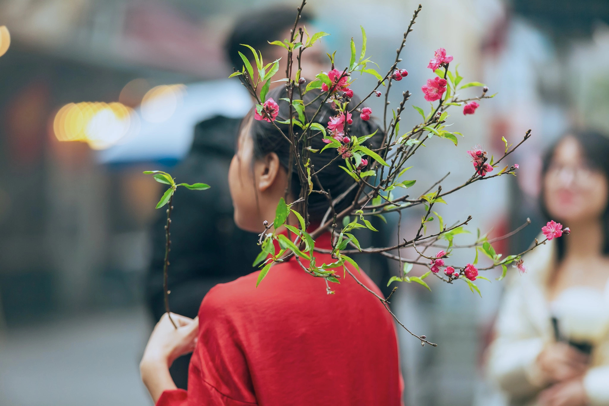 A woman carry a branch of peach blossom in Hanoi. Photo: Lee Hyo-seung