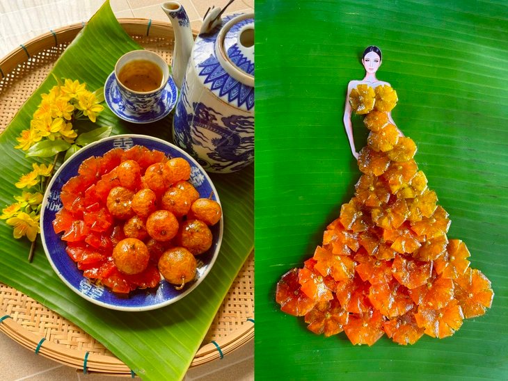 A dress design is made using 'mứt tắc' (sugar-preserved kumquats) by Nguyen Minh Cong.