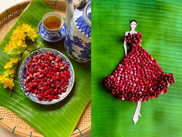 A dress is made out of roasted watermelon seeds by Nguyen Minh Cong.
