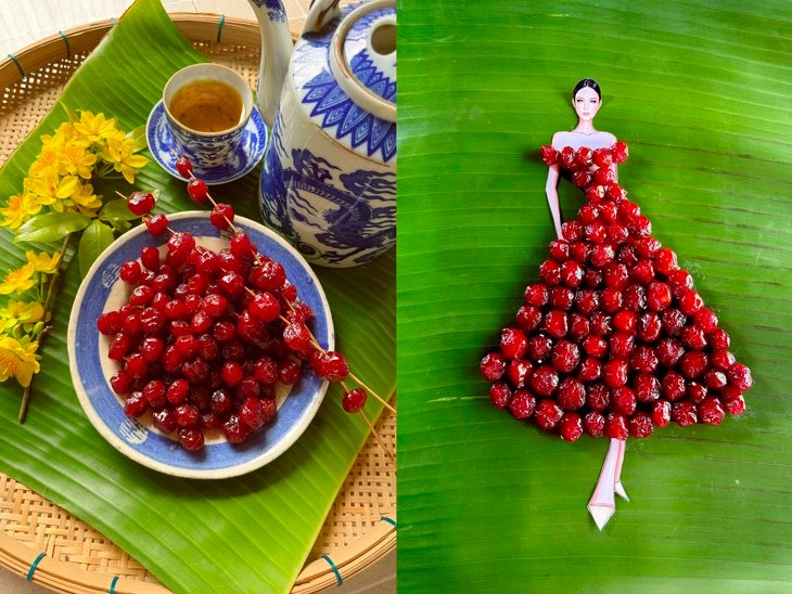 A design features a dress made from 'mứt chùm ruột' (sugar-preserved star gooseberries) by Nguyen Minh Cong.