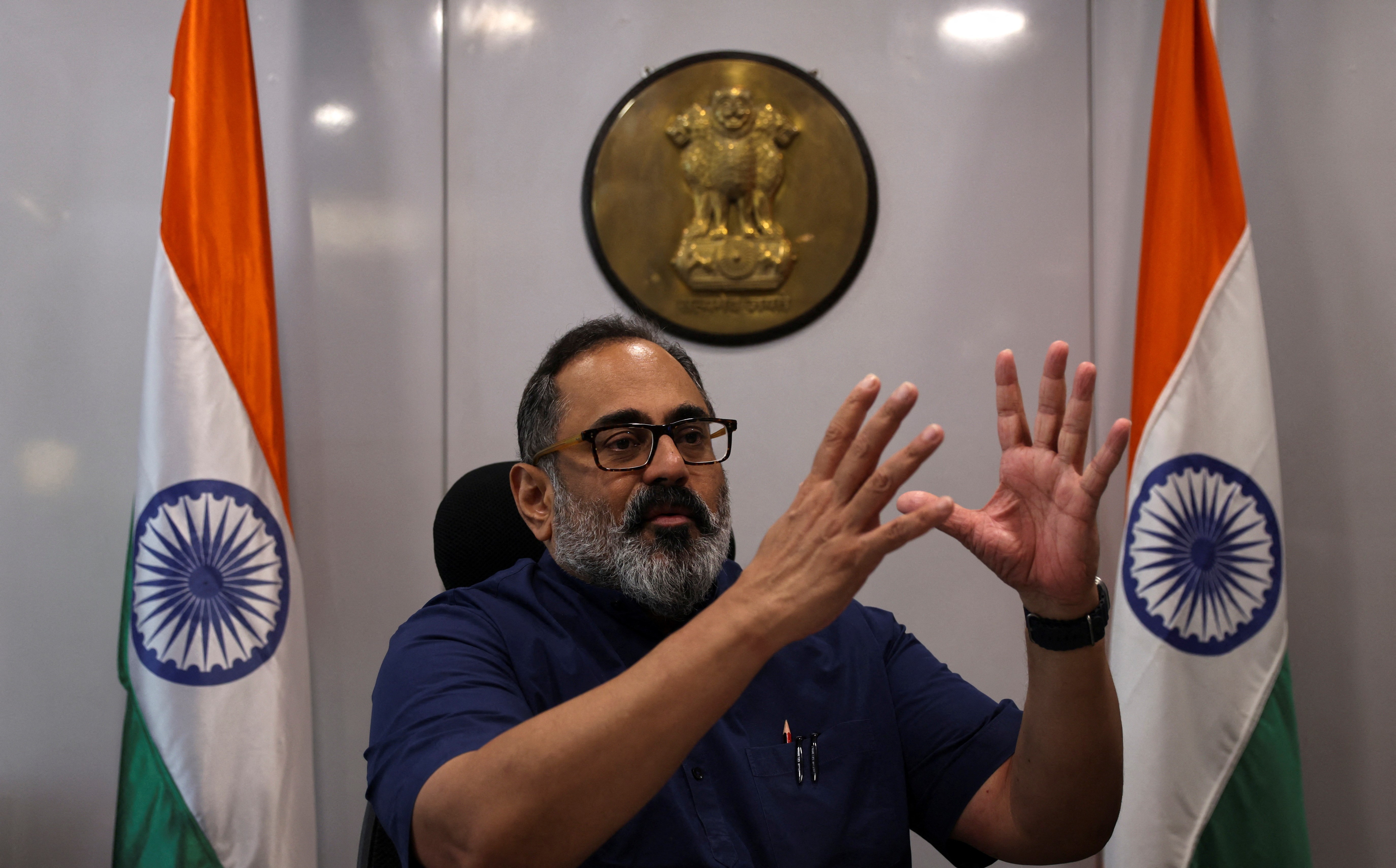 Indian Deputy Minister for Information Technology, Rajeev Chandrasekhar, speaks during an interview with Reuters at his office in New Delhi, India, May 19, 2023. Photo: Reuters