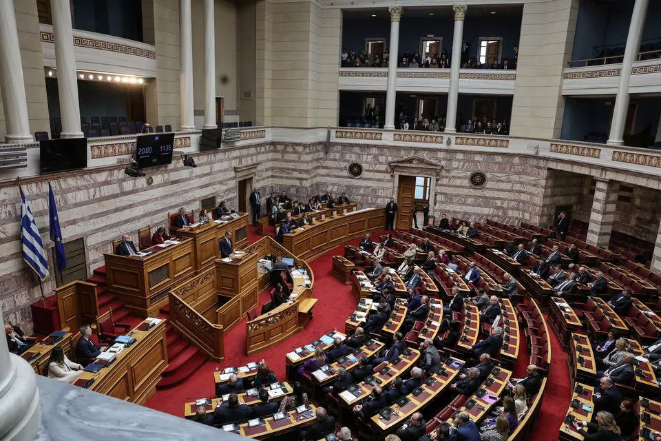 Greek Prime Minister Kyriakos Mitsotakis speaks at the Greek parliament, ahead of a vote on a bill which would legalise same-sex civil marriage, in Athens, Greece, February 15, 2024. Photo: Reuters