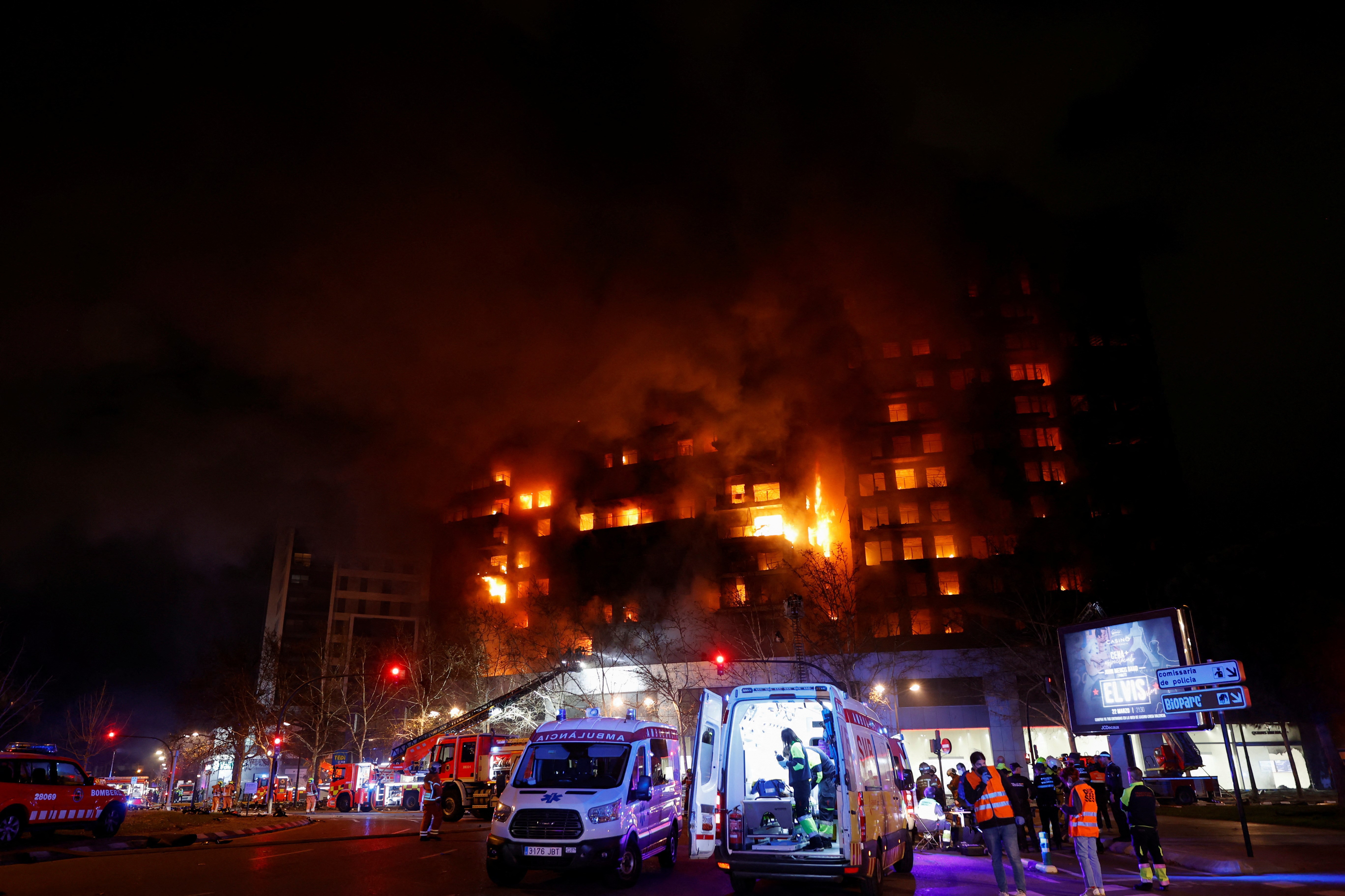 Emergency services work at the scene of a fire of apartment building in Valencia, Spain February 22, 2024. Photo: Reuters