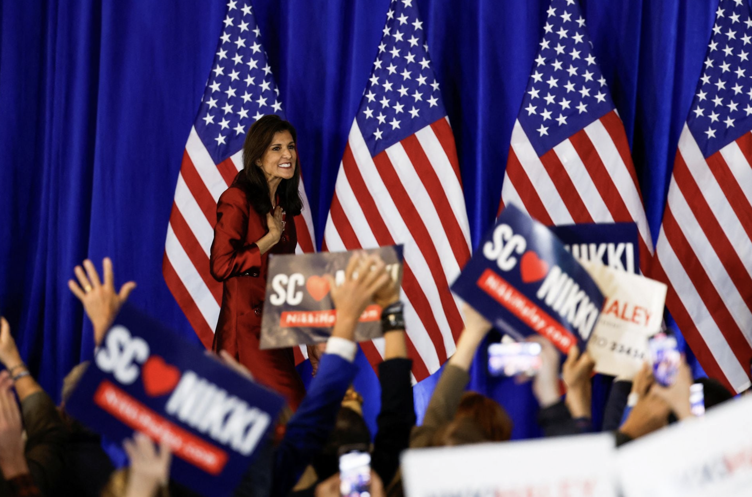 Republican presidential candidate and former U.S. Ambassador to the United Nations Nikki Haley hosts a watch party during the South Carolina Republican presidential primary election in Charleston, South Carolina, U.S. February 24, 2024. Photo: Reuters