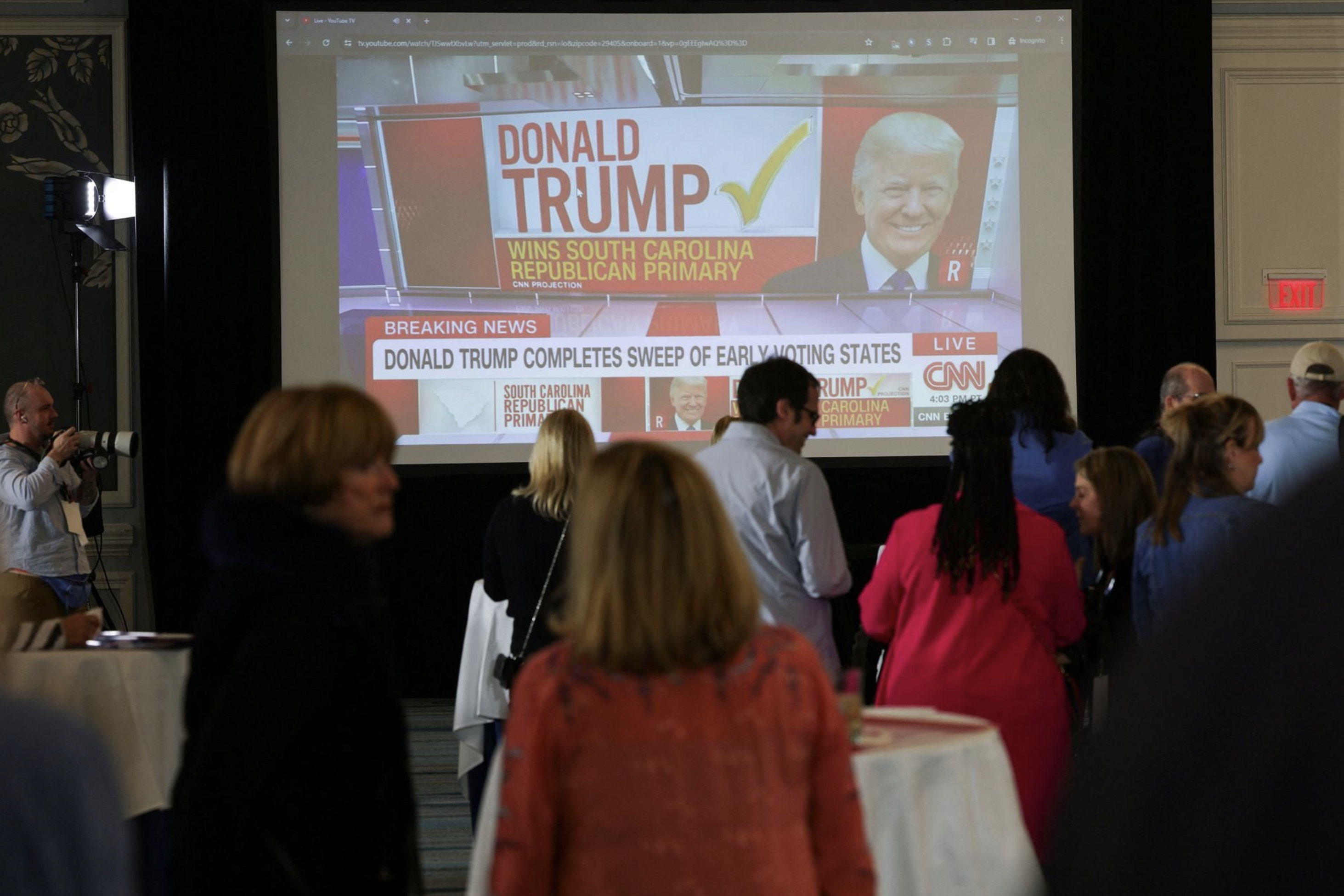 Supporters of Republican presidential candidate and former U.S. Ambassador to the United Nations Nikki Haley attend a watch party during the South Carolina Republican presidential primary election in Charleston, South Carolina, U.S. February 24, 2024. Photo: Reuters