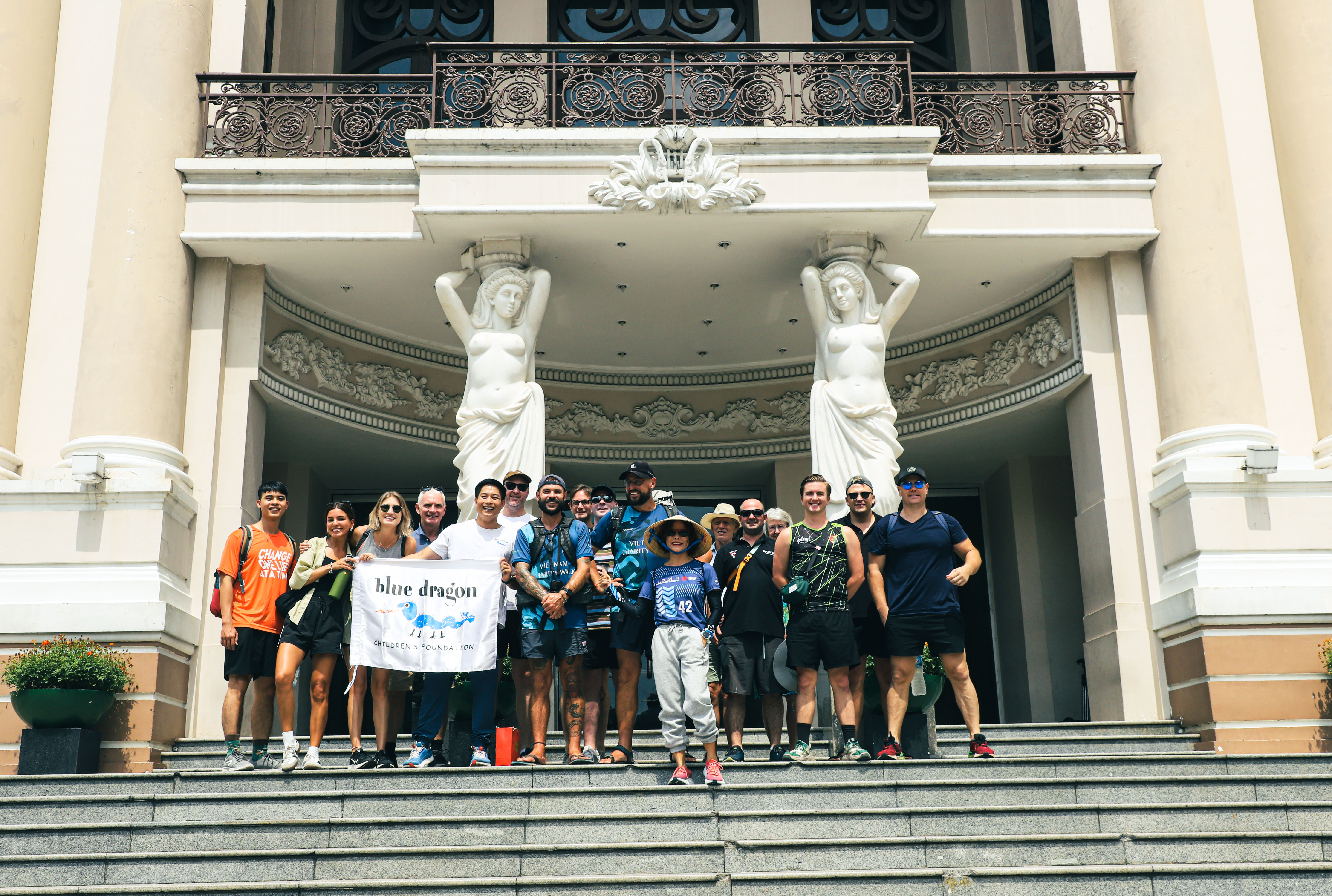 A supplied photo shows Sean Down and Jake Norris being joined by expats in Ho Chi Minh City for their final strecth from the Saigon Opera House in District 1 to Thao Dien in Thu Duc City, Ho Chi Minh City on February 24, 2024. Photo: Duong Van Duoc
