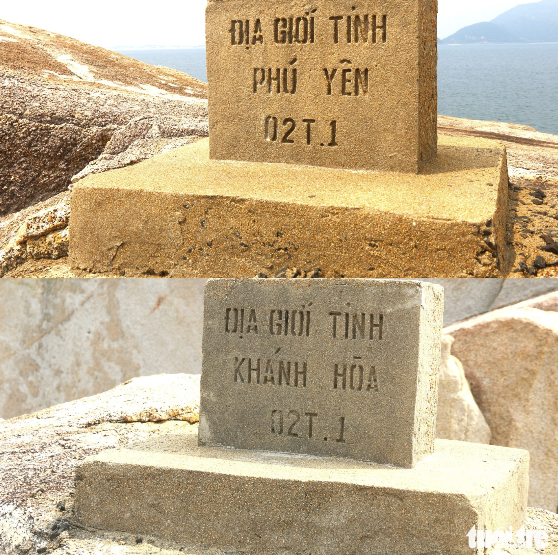 A photo collage of boundary markers of Phu Yen Province and Khanh Hoa Province on Hon Nua Island. Photo: Nguyen Hoang / Tuoi Tre