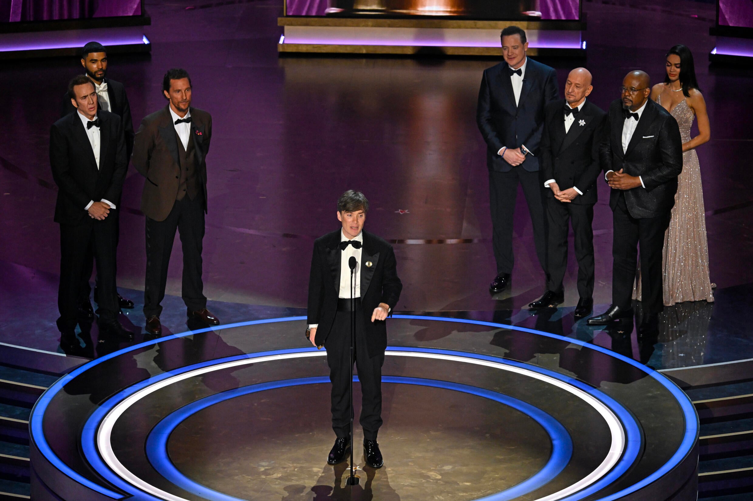Irish actor Cillian Murphy won an Oscar for his portrayal of J. Robert Oppenheimer, flanked by (from back L) past winners Nicolas Cage, Matthew McConaughey, Brendan Fraser, Ben Kingsley and Forest Whitaker. Photo: AFP
