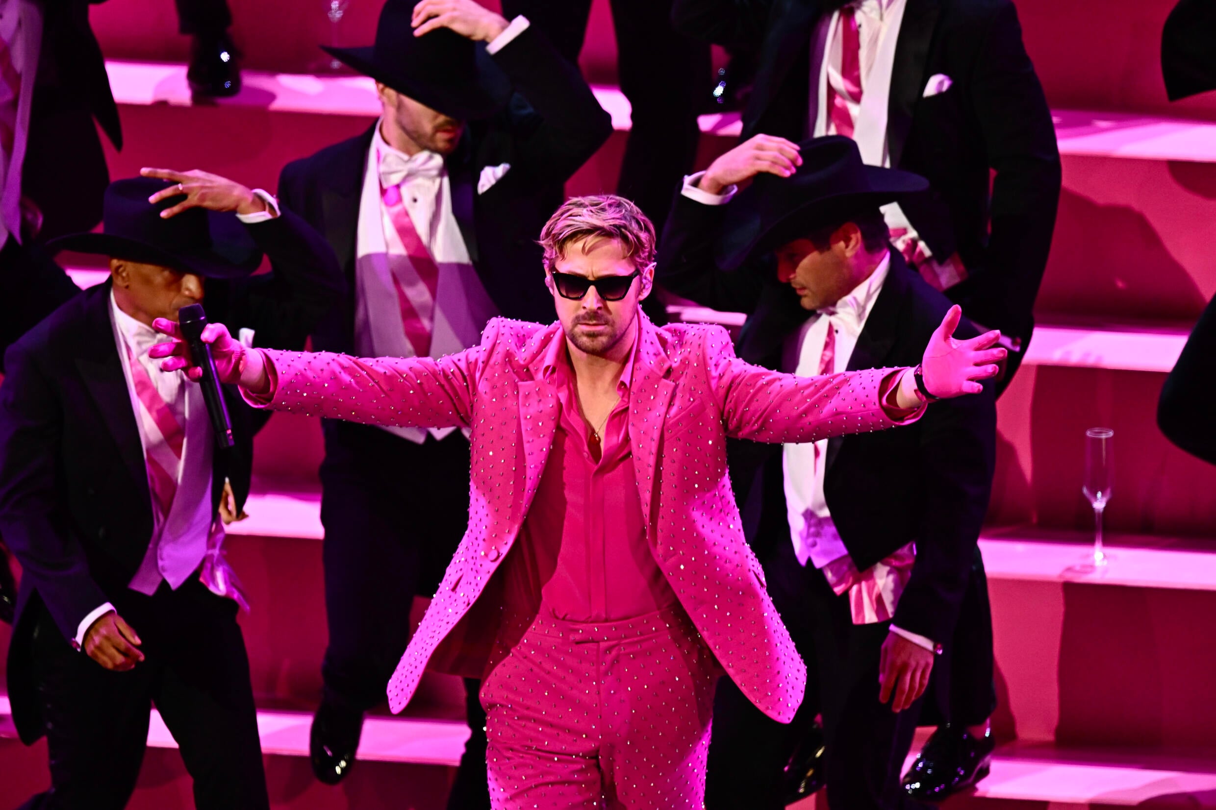 Ryan Gosling performed 'I'm Just Ken' from 'Barbie' -- with a ton of dancers, creating the on-stage moment of the night. Photo: AFP