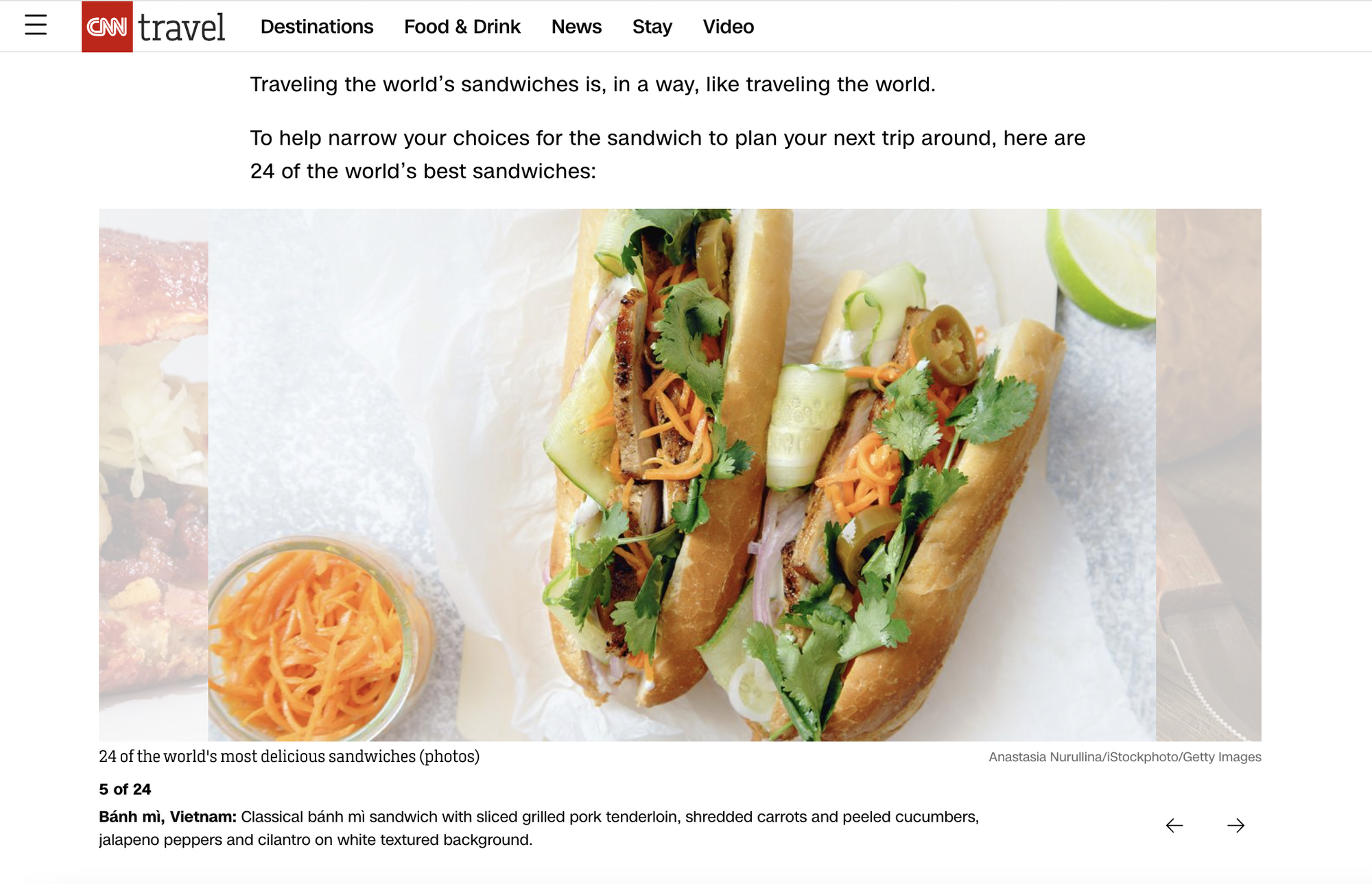 A screenshot shows Vietnamese banh mi ranking fifth in CNN Travel's list of 24 best sandwiches in the world in April 2023.