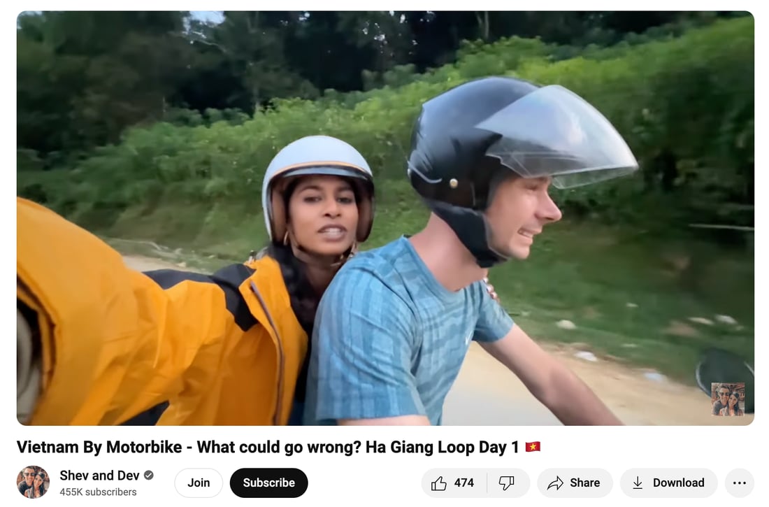 A screenshot from a video show Shevelle and Devan riding a motorbike in Ha Giang, northern Vietnam.