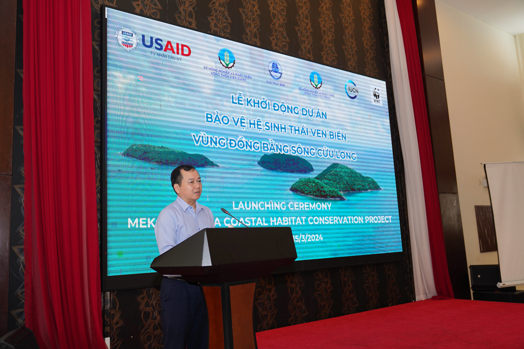 Tran Dinh Luan, director of the Directorate of Fisheries under the Vietnam Ministry of Agriculture and Rural Development, speaks at the launching ceremony of the USAID-funded Mekong Delta Coastal Habitat Conservation project, Kien Giang Province, southern Vietnam, March 15, 2024. Photo: USAID Vietnam