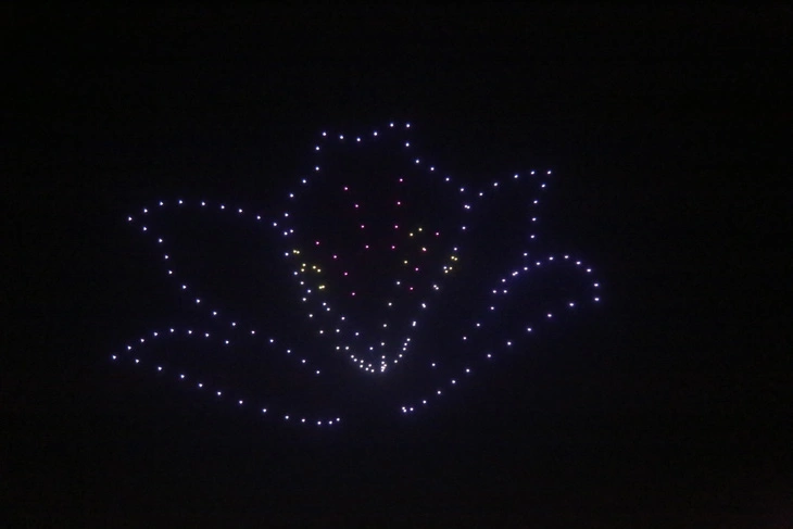 Drones are seen forming the shape of a ‘ban’ (bauhinia) flower in the night sky of Dien Bien Phu City, Dien Bien Province, northern Vietnam, March 16, 2024. Photo: Tien Dung / Tuoi Tre