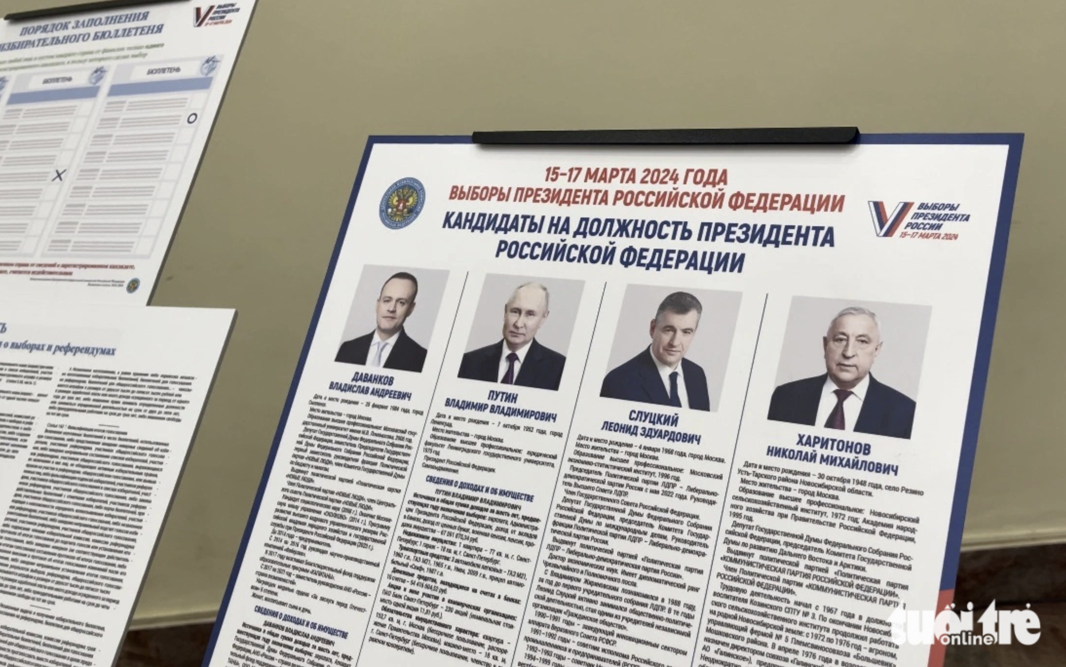 A board of information about four presidential candidates for the 2024 Russian presidential election. Photo: Thanh Hien / Tuoi Tre