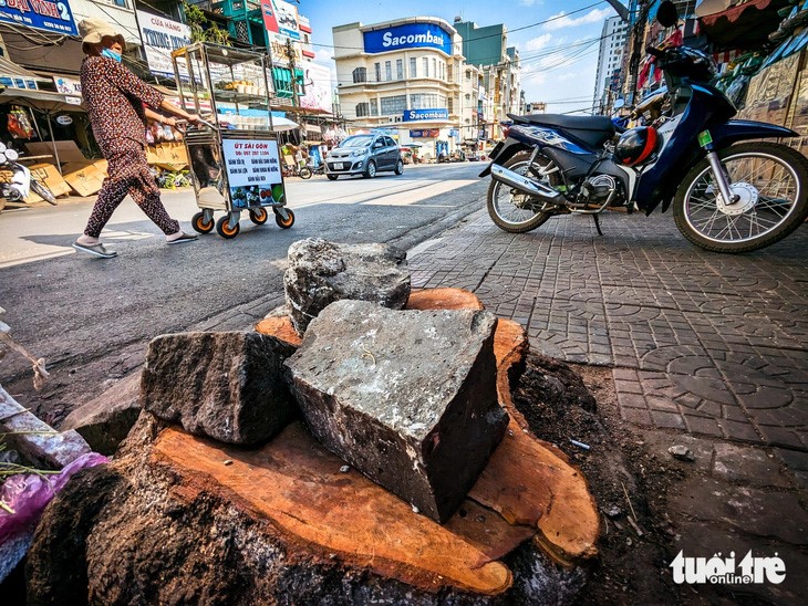 A street vendor passes through a stump on Hoang Van Thu Street in Gia Lai Province. Photo: Tan Luc / Tuoi Tre