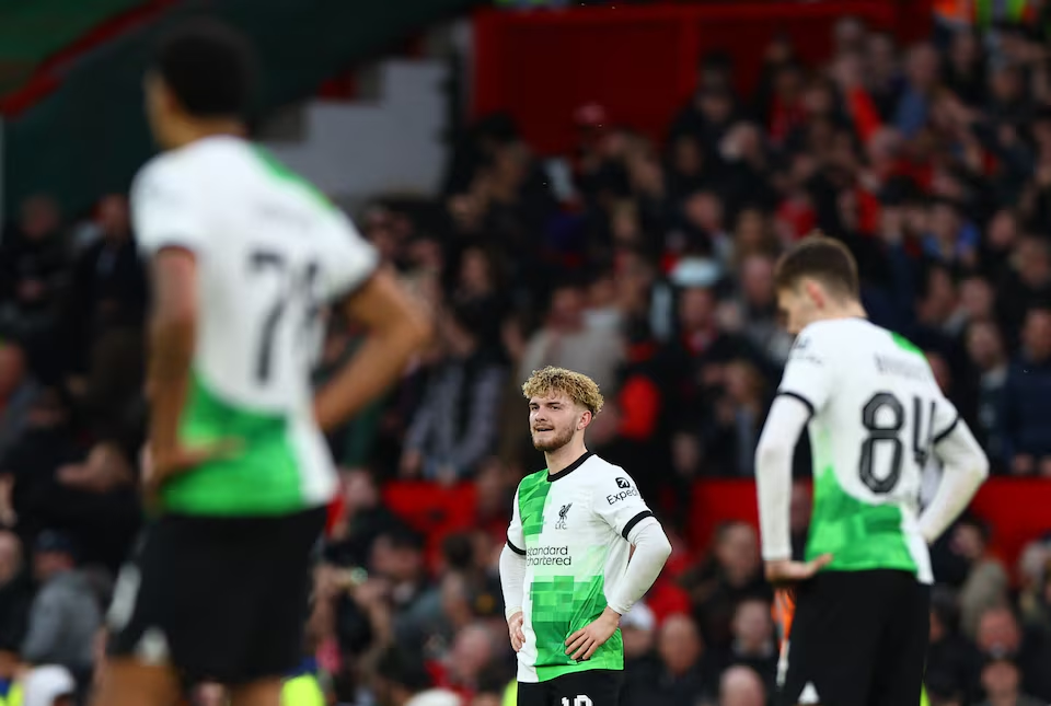 Soccer Football - FA Cup - Quarter Final - Manchester United v Liverpool - Old Trafford, Manchester, Britain - March 17, 2024 Liverpool's Harvey Elliott looks dejected after Manchester United's Amad Diallo scores their fourth goal. Photo: Reuters