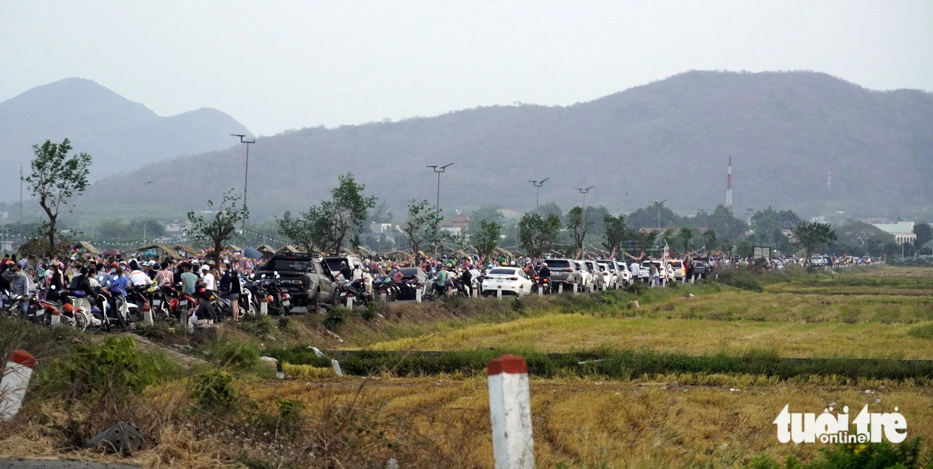 A rice field road where the food market is located is packed with numerous cars and motorbikes, Ba Ria - Vung Tau Province, southern Vietnam, March 20, 2024. Photo: Dong Ha / Tuoi Tre