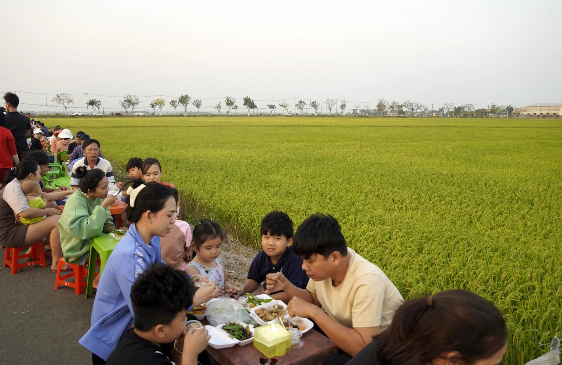 Food lovers enjoy local dishes at the market next to lush green rice fields, Ba Ria - Vung Tau Province, southern Vietnam, March 20, 2024. Photo: Dong Ha / Tuoi Tre