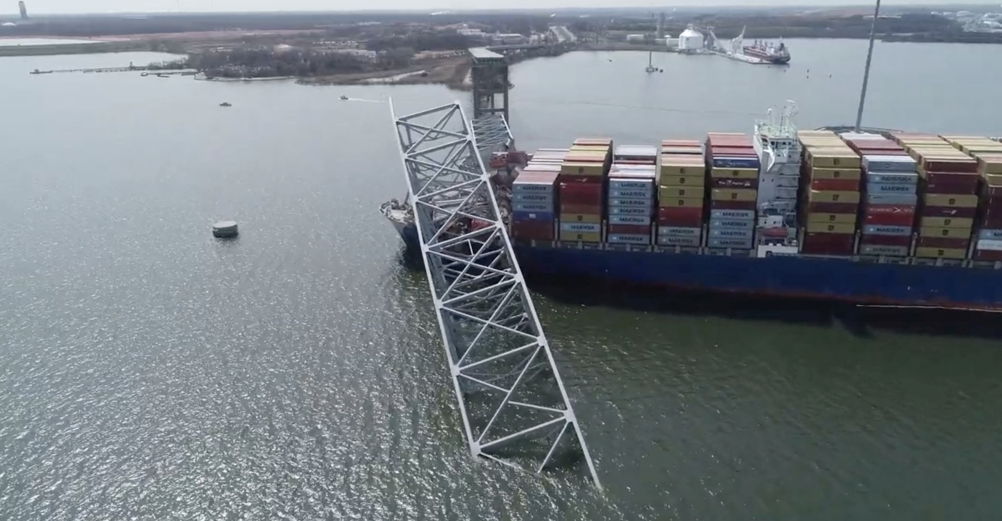 A drone view of the Dali cargo vessel, which crashed into the Francis Scott Key Bridge causing it to collapse, in Baltimore, Maryland, U.S., March 26, 2024, in this still image taken from a handout video. Photo: Reuters