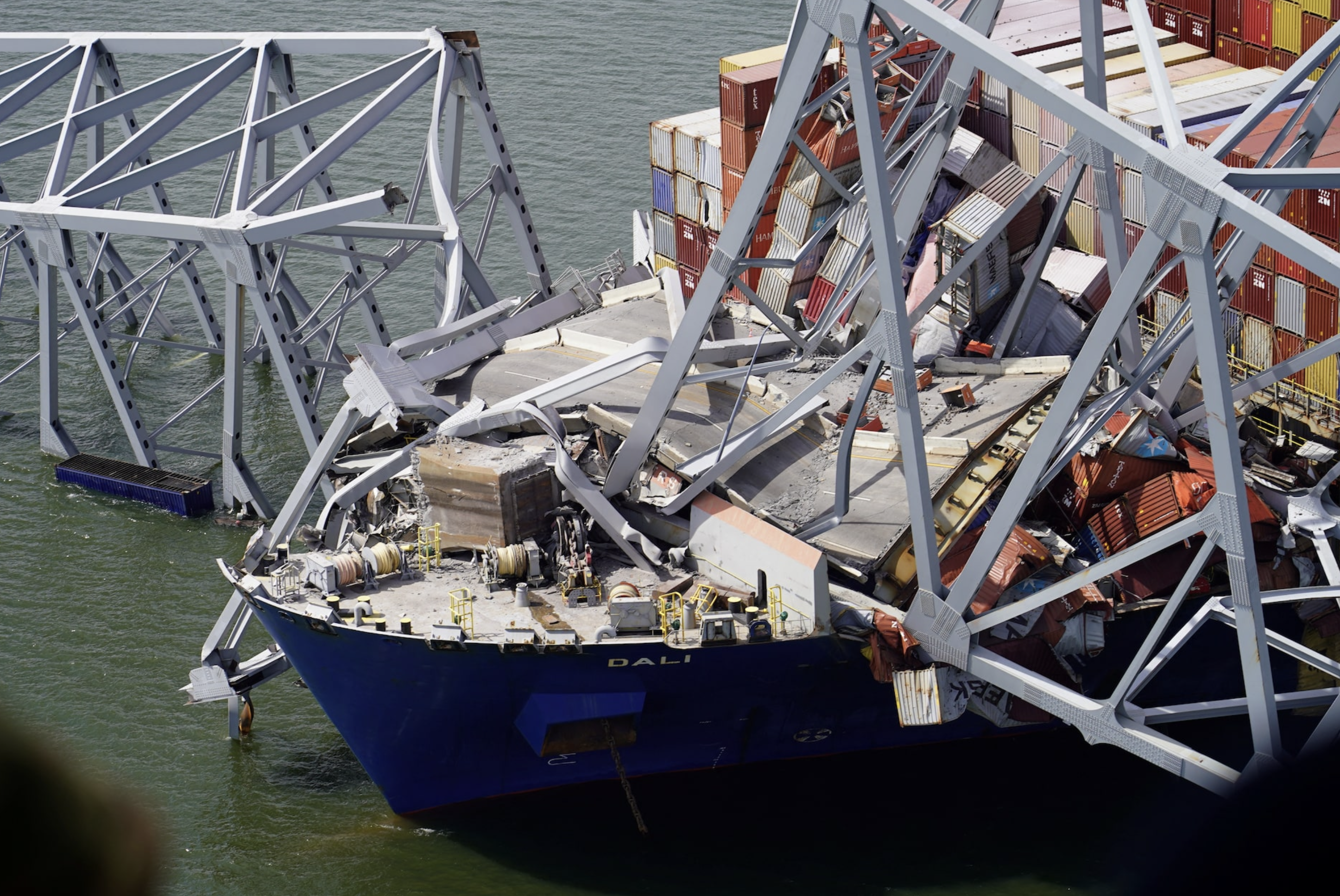 Aerial view of the Dali cargo vessel which crashed into the Francis Scott Key Bridge, causing it to collapse in Baltimore, Maryland, U.S., March 26, 2024. Photo: Reuters