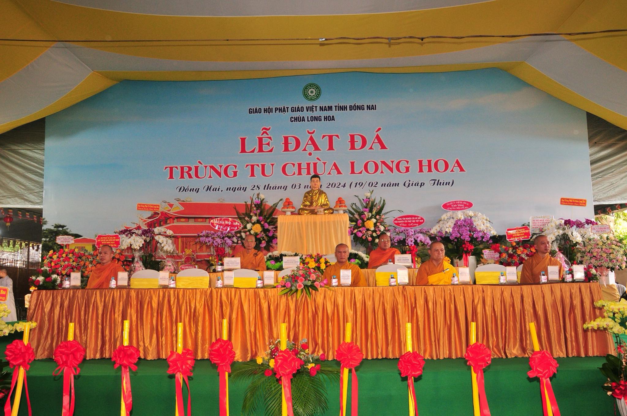 Buddhist monks attend a foundation stone laying ceremony for the restoration of Long Hoa Pagoda in Dong Nai Province, southern Vietnam on March 28, 2024. Photo: Supplied