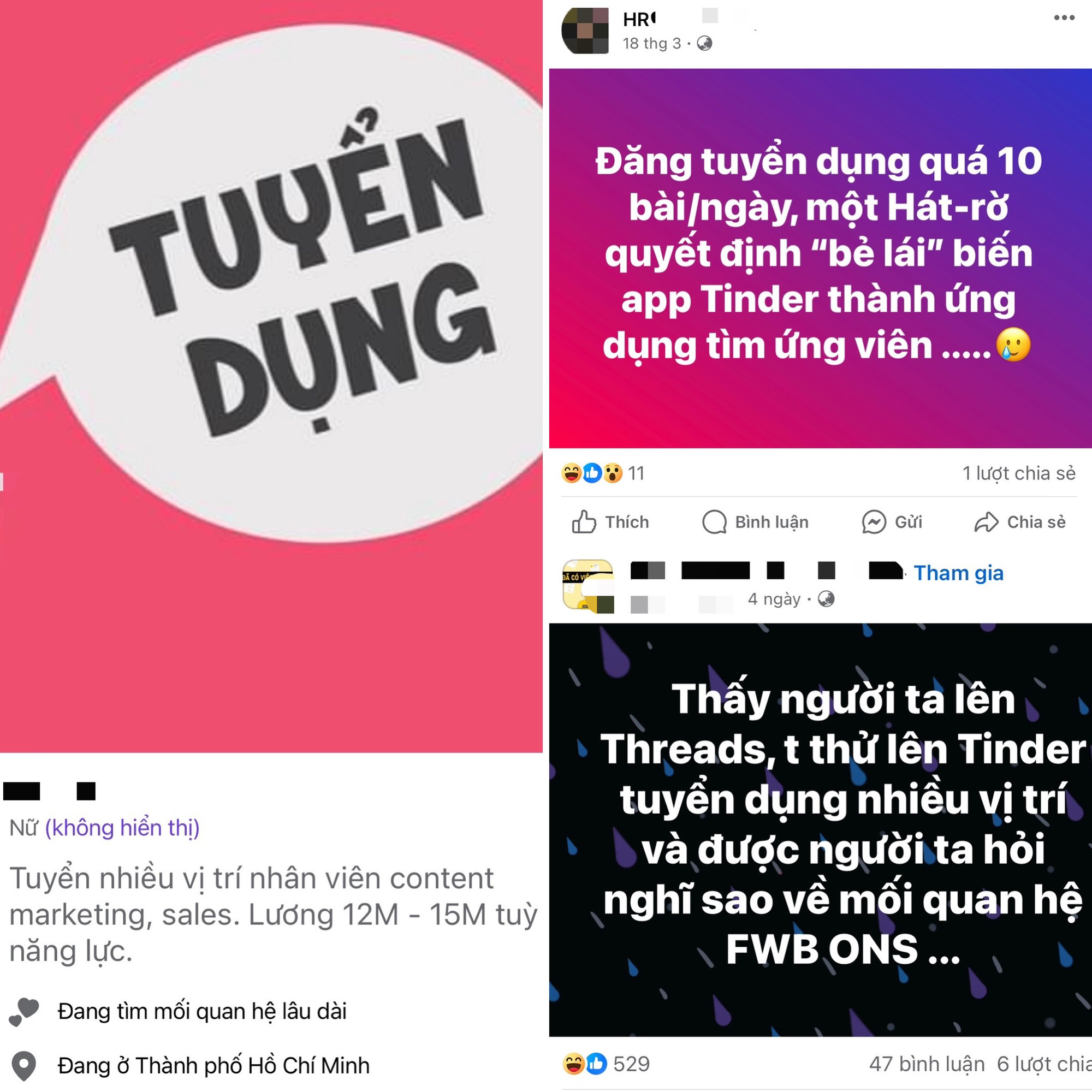 A collage of screenshots of recruitment posts circulated on dating apps in Vietnam.