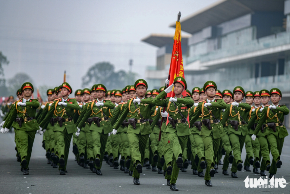 Military officers participate in a rehearsed parade in Hanoi on March 31, 2024. Photo: Tuoi Tre