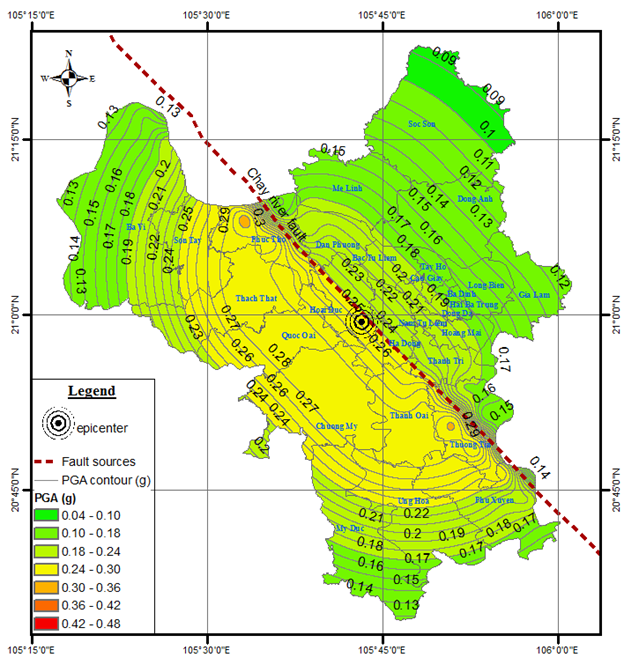 A Peak Ground Acceleration (PGA) map shows the level of ground shaking expected from earthquakes along the Chay River fault. Photo: Nguyen Hong Phuong