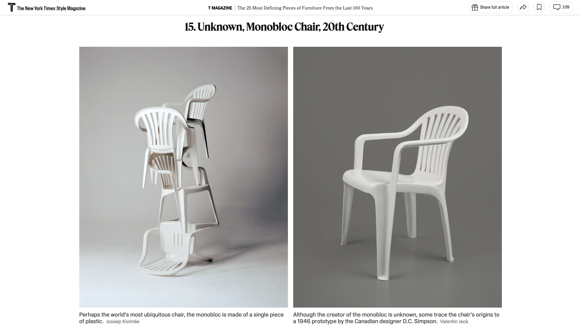 A screenshot shows monobloc chairs featured in The 25 Most Defining Pieces of Furniture From the Last 100 Years list by The New York Times Style Magazine.