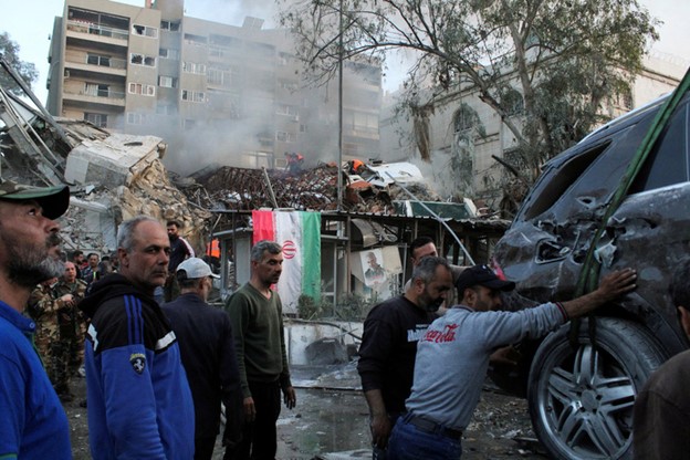 The scene of the attack on the Iranian Embassy in Syria. Photo: Reuters