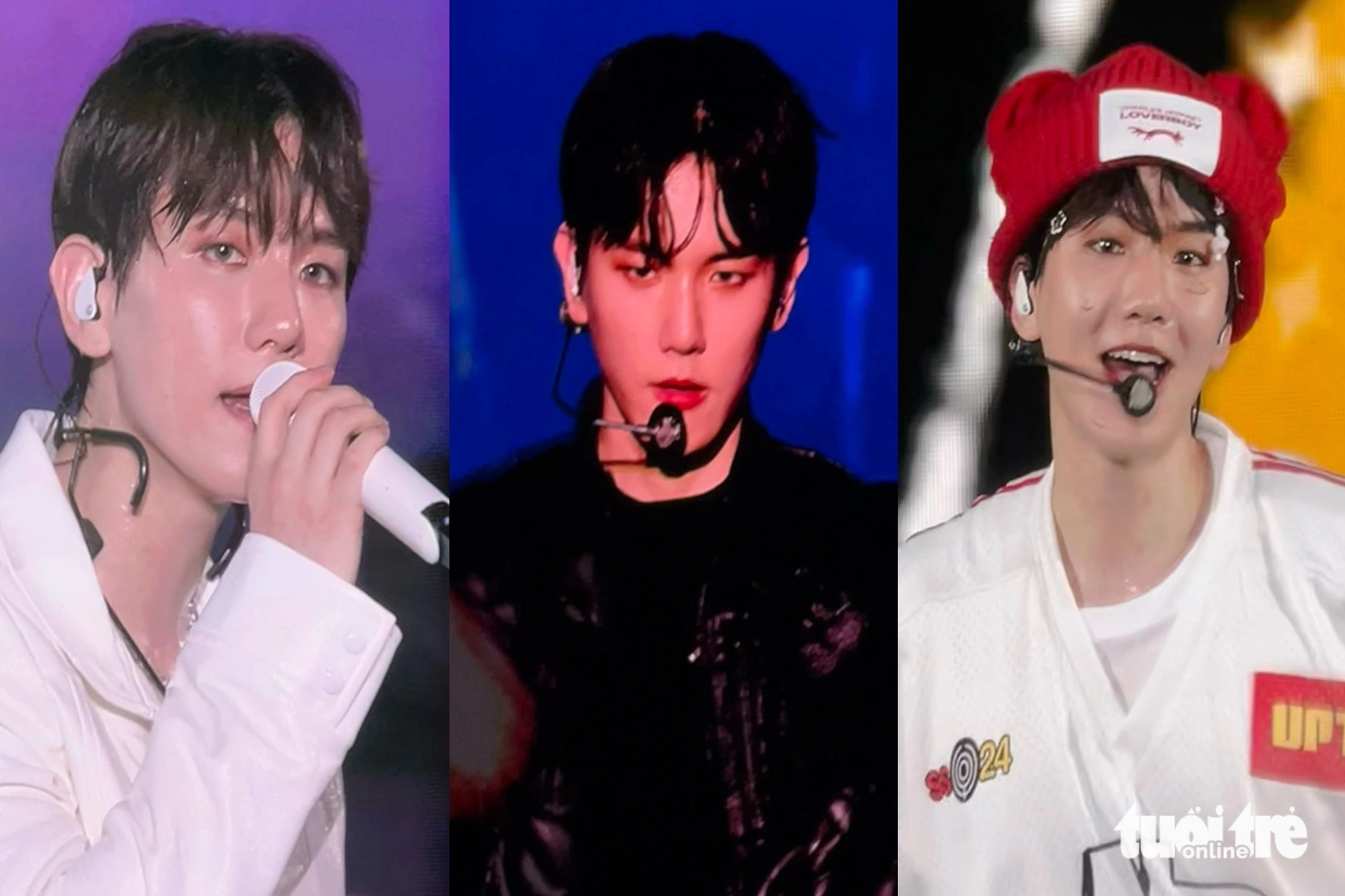 A collage of photos of Baekhyun, a member of the renowned K-pop boy group EXO, during his solo Asia tour titled ‘Lonsdaleite’ in Ho Chi Minh City, April 7, 2024. Photo: Hoang Trang / Tuoi Tre