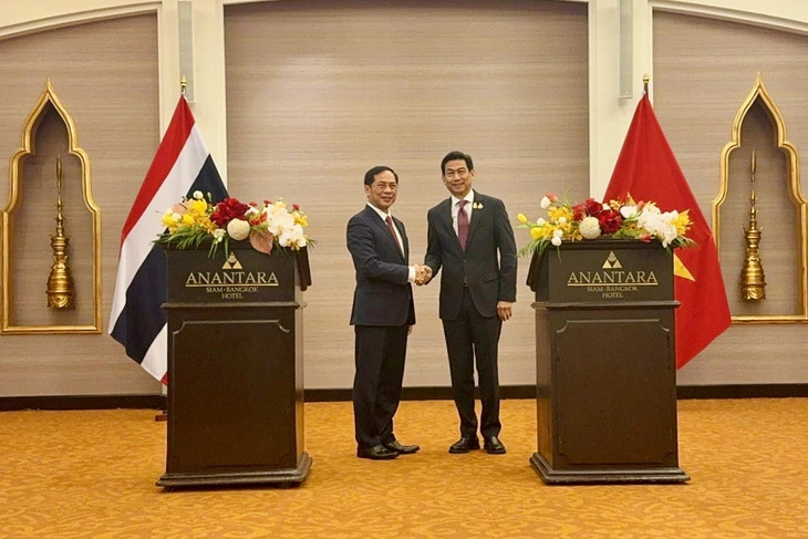 Vietnam’s Minister of Foreign Affairs Bui Thanh Son (L) and Deputy Prime Minister and Foreign Minister of Thailand Parnpree Bahiddha-Nukara shake hands at their meeting in Bangkok on April 11, 2024. Photo: Vietnamese Ministry of Foreign Affairs