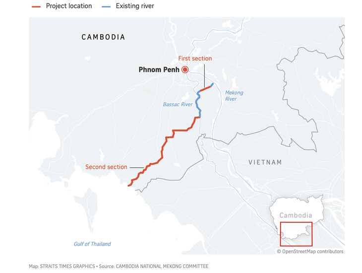 A screen snapshot shows a graphic map of the Funan Techo Canal project (comprising the canal's first and second sections in red color) recently announced by the Cambodian Ministry of Public Works and Transport. Photo: Straits Times