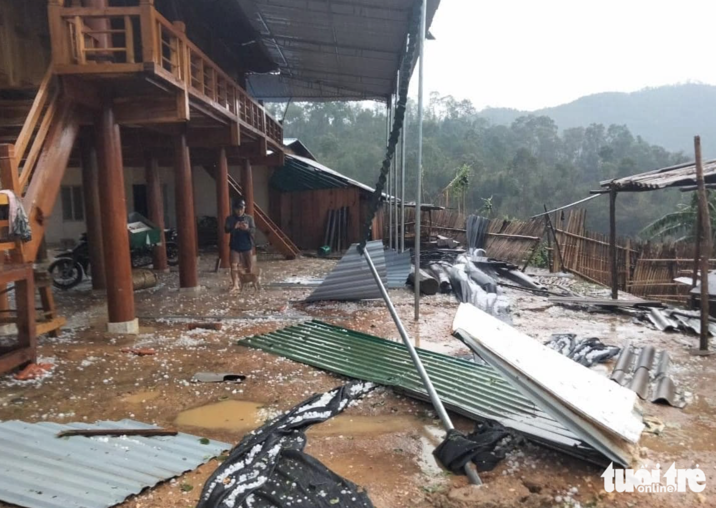 Metal roofing sheets blown off a house by powerful winds in Nghe An Province, north-central Vietnam on April 14, 2024. Photo: Tam Pham / Tuoi Tre