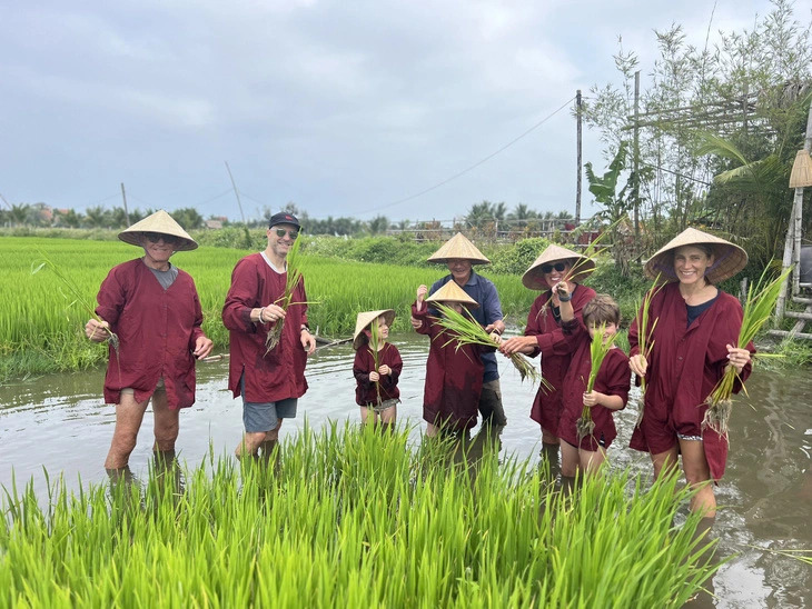 Foreign travelers happily enjoy a countryside tour on a rice field in Quang Nam Province, central Vietnam. Photo: B.D. / Tuoi Tre