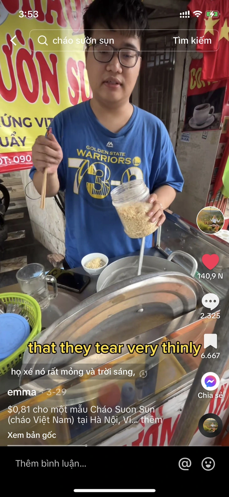 A screenshot from a vlog of Emma Ann Odom, the owner of TikTok channel ‘@emmaa_eatss,’ shows Le Quang Tung, who sells rib congee in Hanoi, Vietnam.