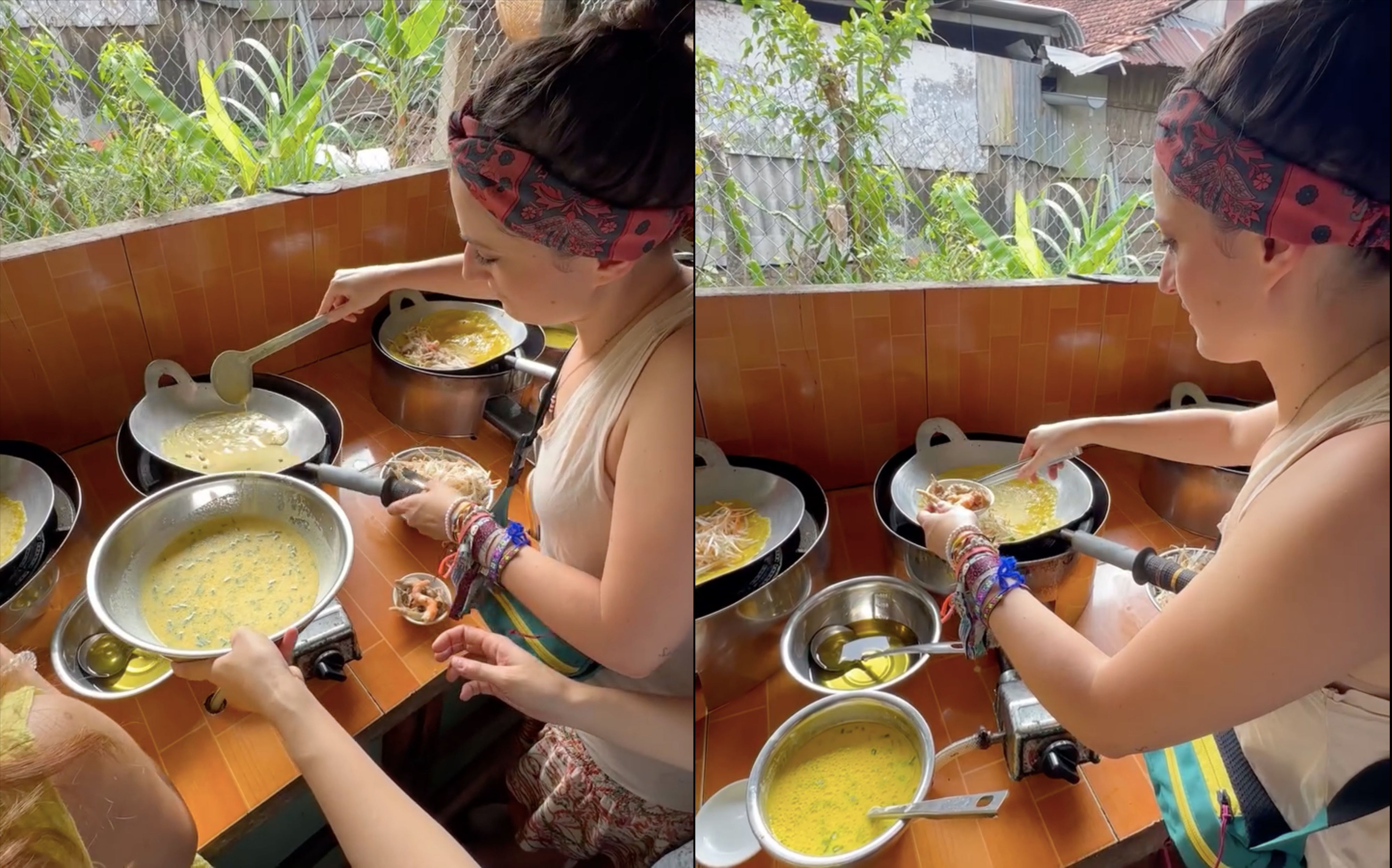 Ottavia Galbiati, a 34-year-old tourist from Italy, tries her hand at making ‘bánh xèo’ (Vietnamese sizzling crepe) during her visit to the Mekong Delta, Vietnam in December 2023. Photo: Ottavia Galbiati