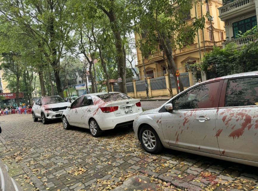 Six cars are vandalized with red paint on Tran Dien Street, Hanoi. Photo: Supplied