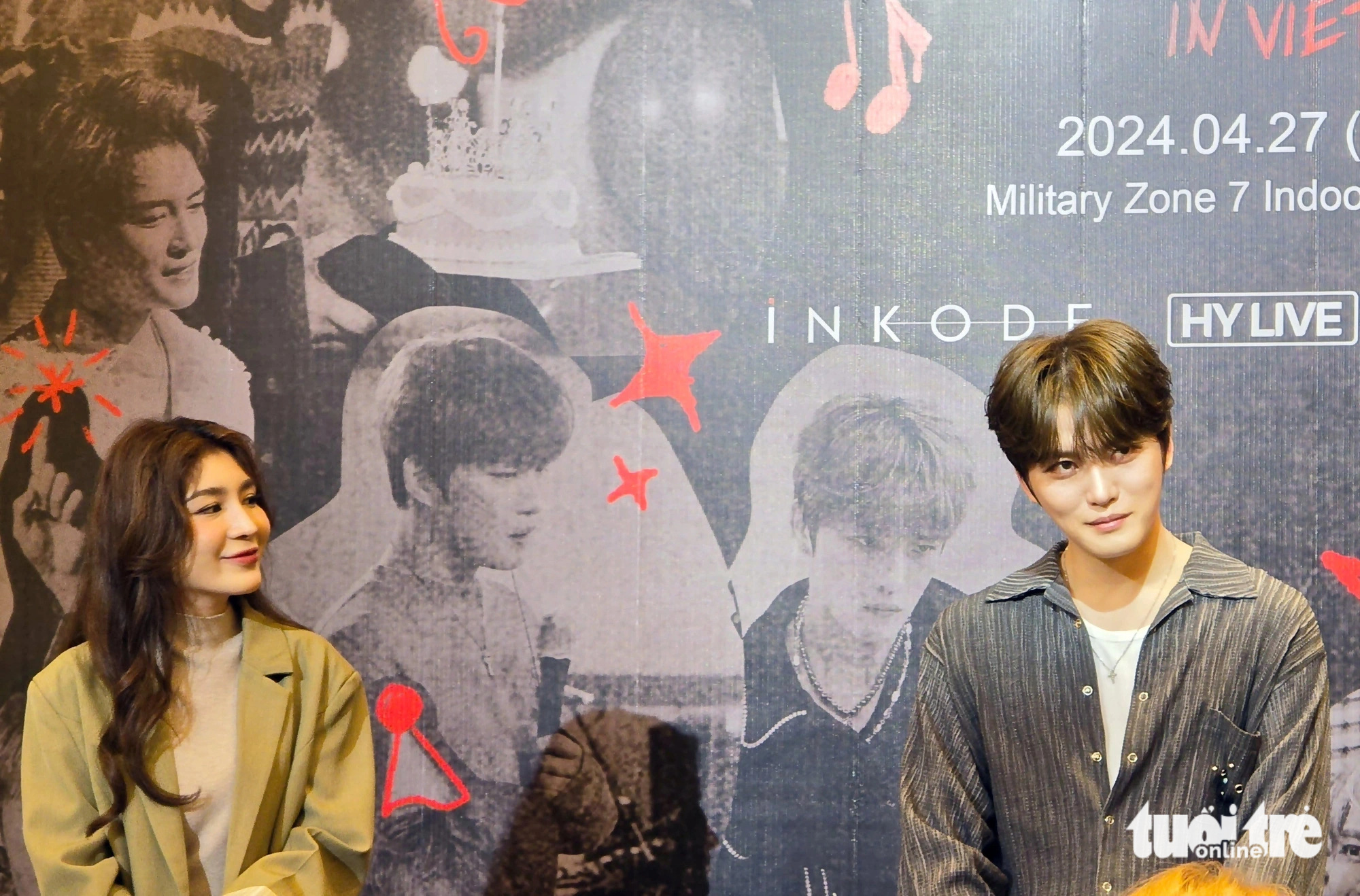 South Korean actor and singer Kim Jae Joong (R) holds a press conference in Ho Chi Minh City before his inaugural fan concert in Vietnam, the J-Party Fan Concert I’m Twenty, April 26, 2024. Photo: Mi Ly / Tuoi Tre