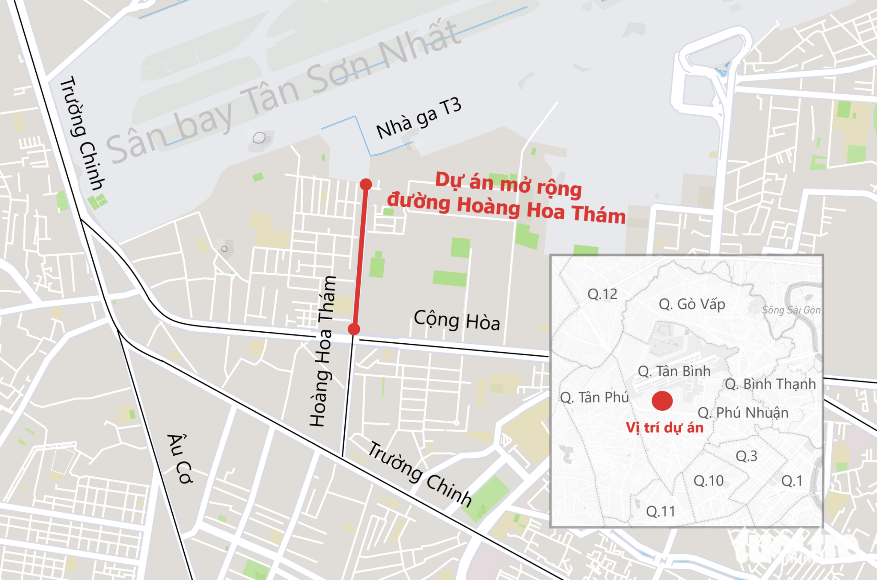 A map shows a section (red line) of Hoang Hoa Tham Street in Tan Binh District, Ho Chi Minh City that will be expanded. Graphic: Phuong Nhi / Tuoi Tre