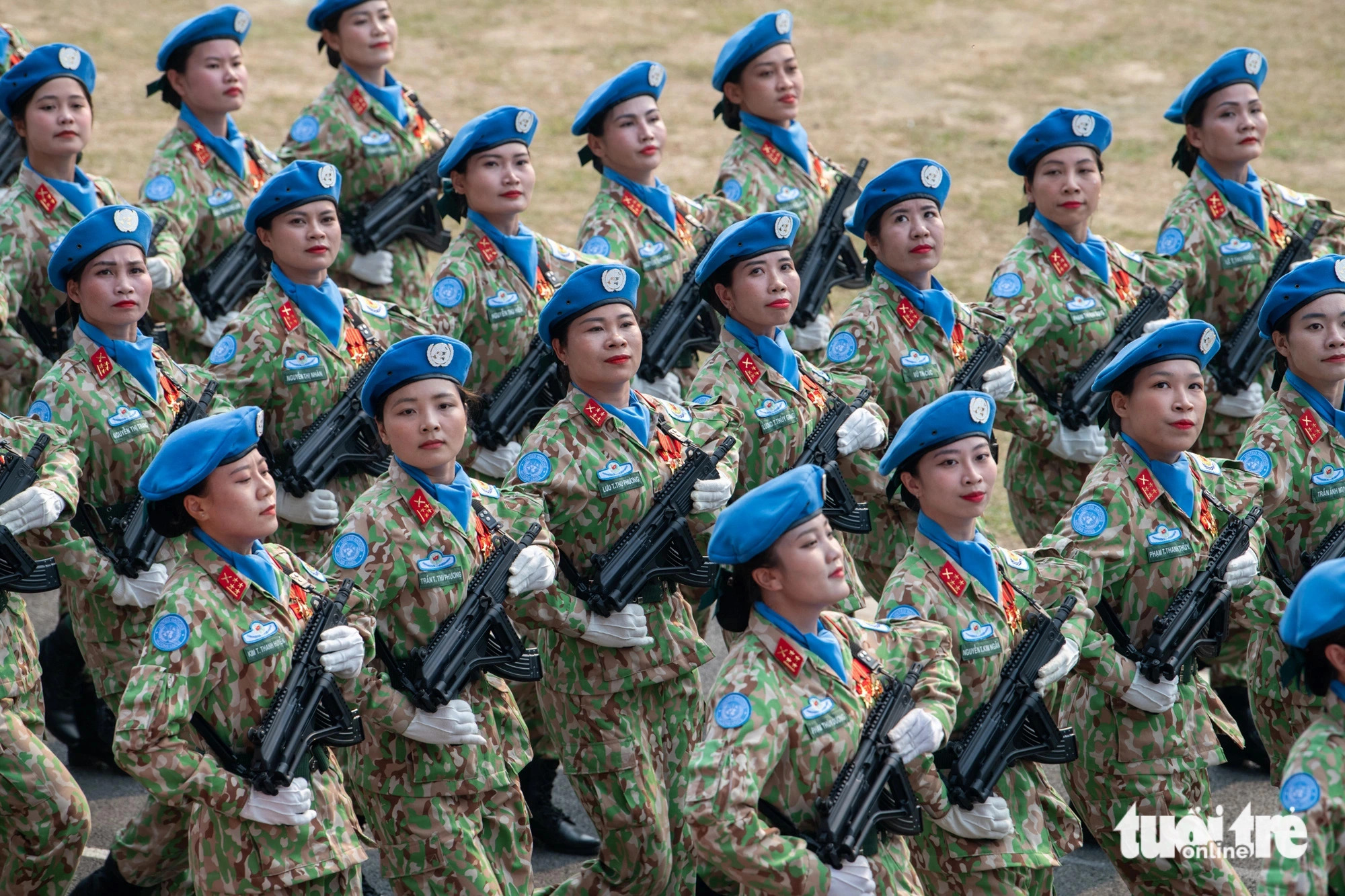 Female traffic police officers, peacekeepers, and militia forces in the rehearsal. Dien Bien Province, northwestern Vietnam, May 5, 2024. Photo: Nam Tran / Tuoi Tre