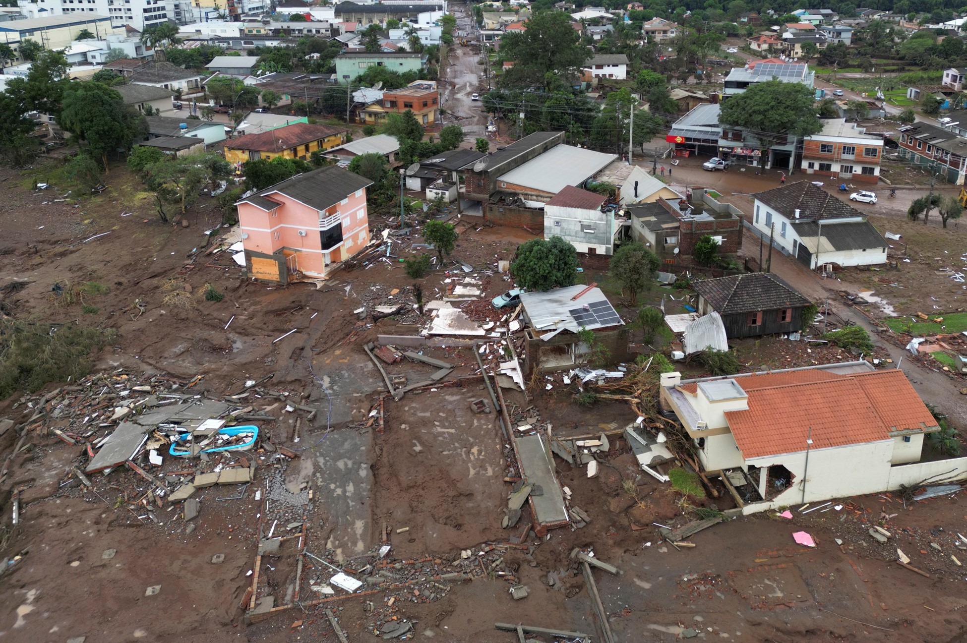 A drone view shows houses destroyed by the floods at Roca Sales in Rio Grande do Sul, Brazil, May 4, 2024. Photo: Reuters