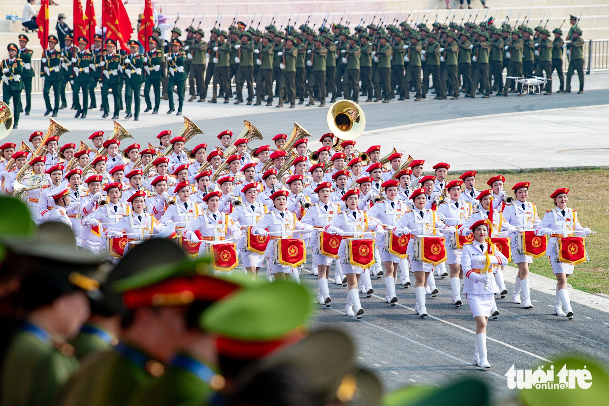 A female military band is on parade in the rehearsal, Dien Bien Province, northwestern Vietnam, May 5, 2024. Photo: Nam Tran / Tuoi Tre