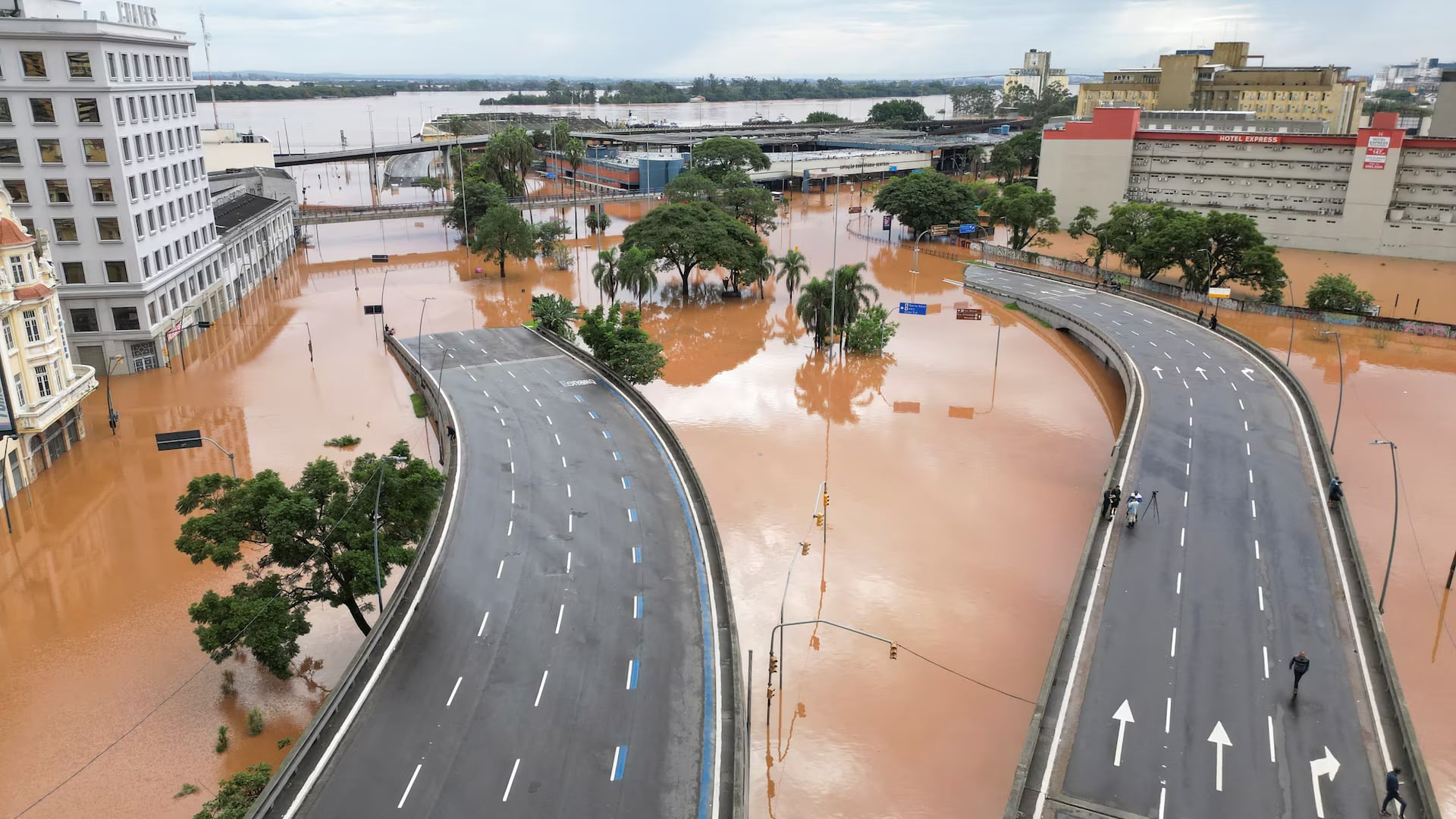 A drone view shows a flooded city center after people were evacuated in Porto Alegre, in Rio Grande do Sul state, Brazil, May 5, 2024. Photo: Reuters
