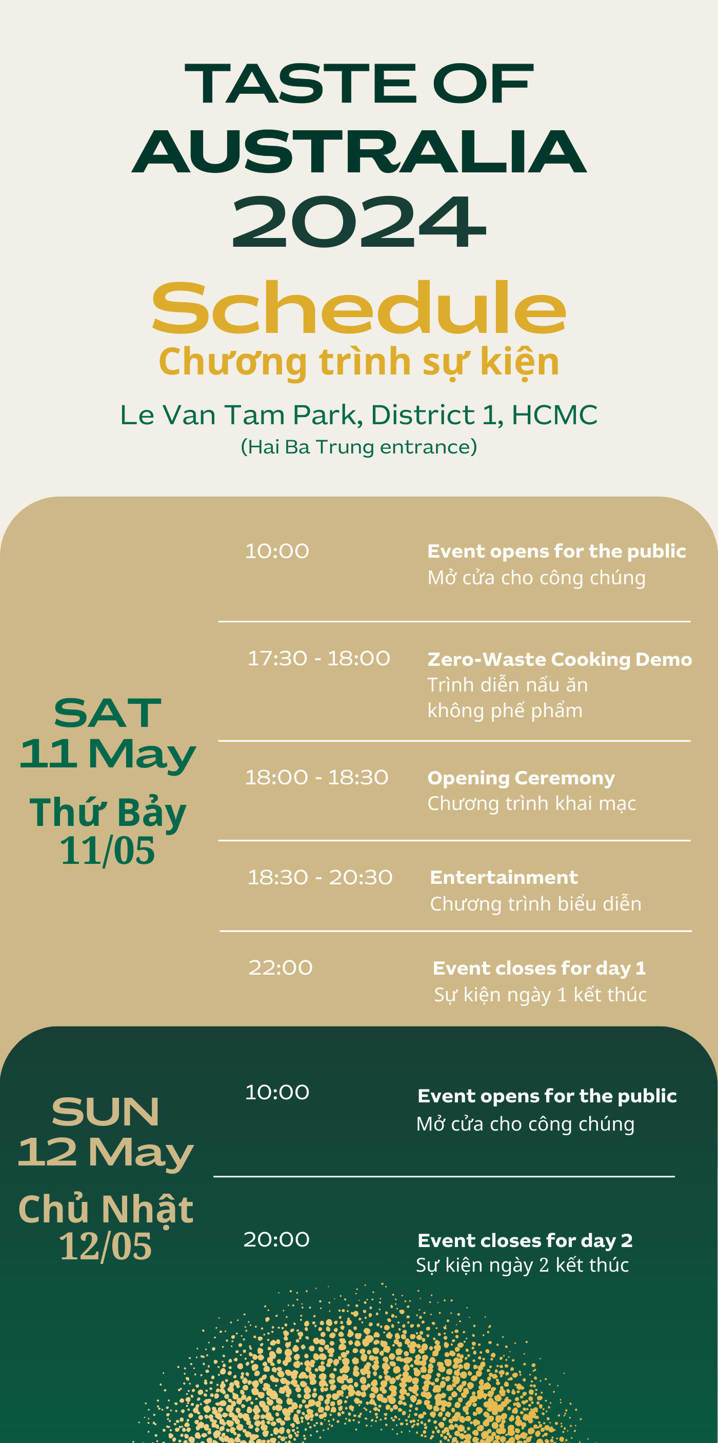Detailed schedule of the two day Taste of Australia 2024 in Ho Chi Minh City on MAy 11 and 12 released by the Australian Consulate-General in Ho Chi Minh City.