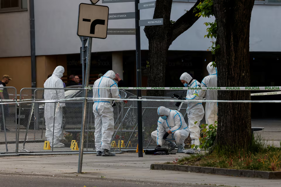 Police work at the scene after a shooting incident in which Slovak Prime Minister Robert Fico was wounded, outside the House of Culture in Handlova, Slovakia May 15, 2024. Photo: Reuters