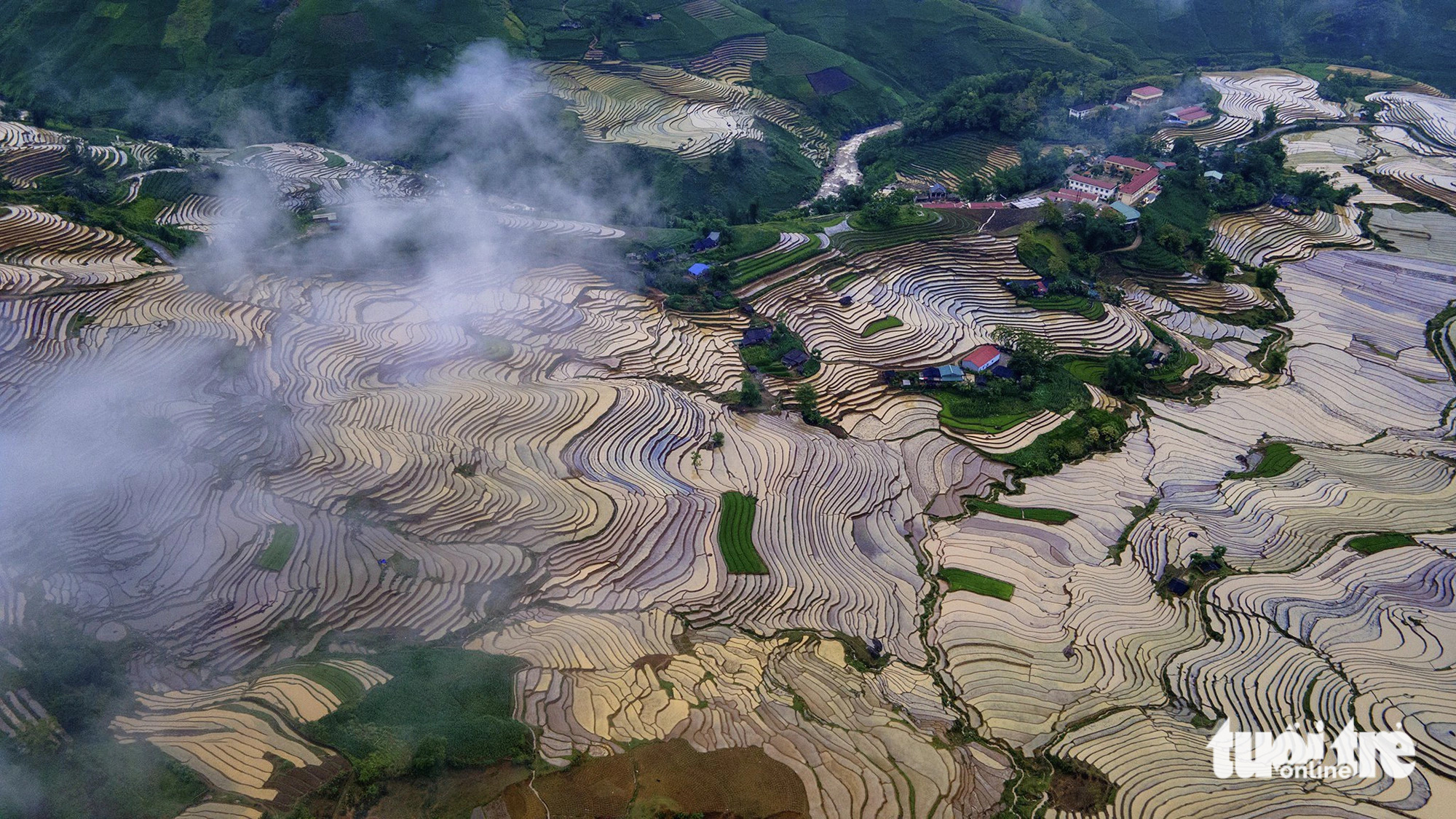 A bird’s-eye view of expansive flooded fields in Y Ty Commune, Bat Xat District, Lao Cai Province, northern Vietnam, May 2024. Photo: Nguyen Duy Hoang / Tuoi Tre